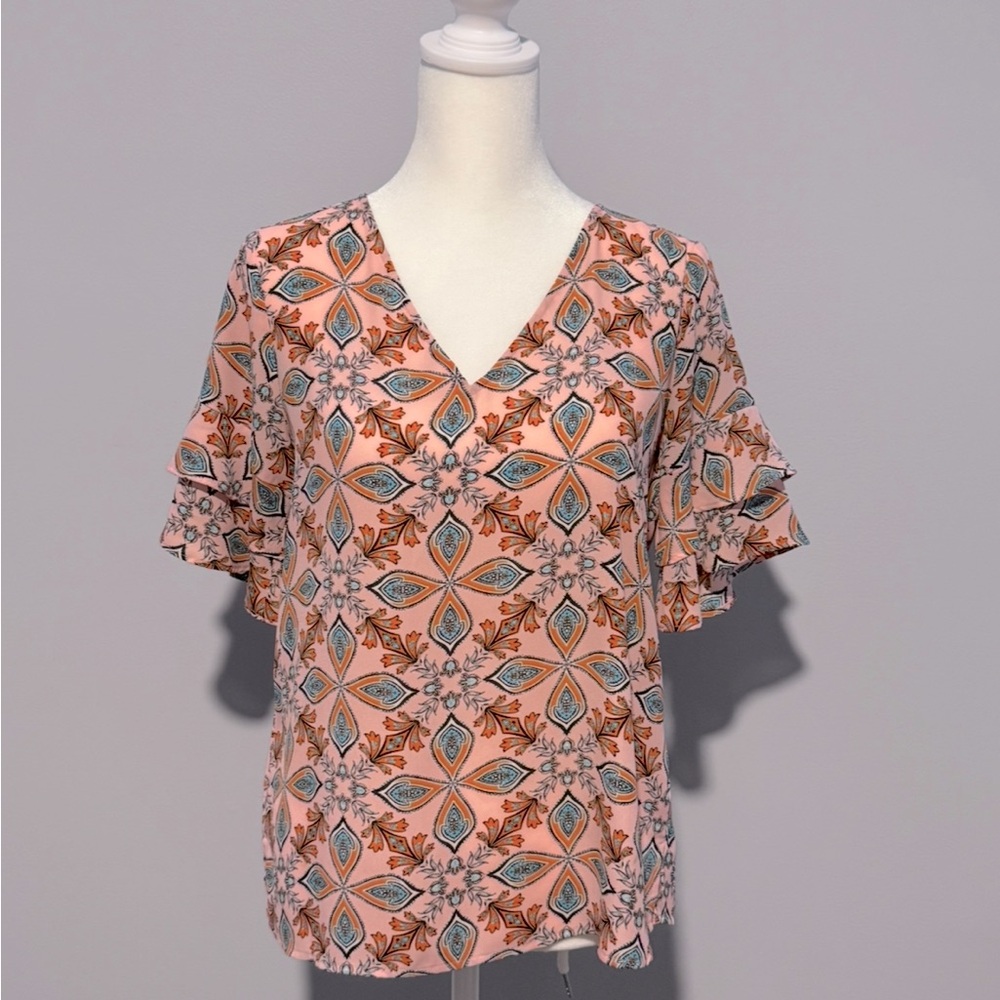 Loft Floral V-Neck Ruffle Sleeve Top XXSP